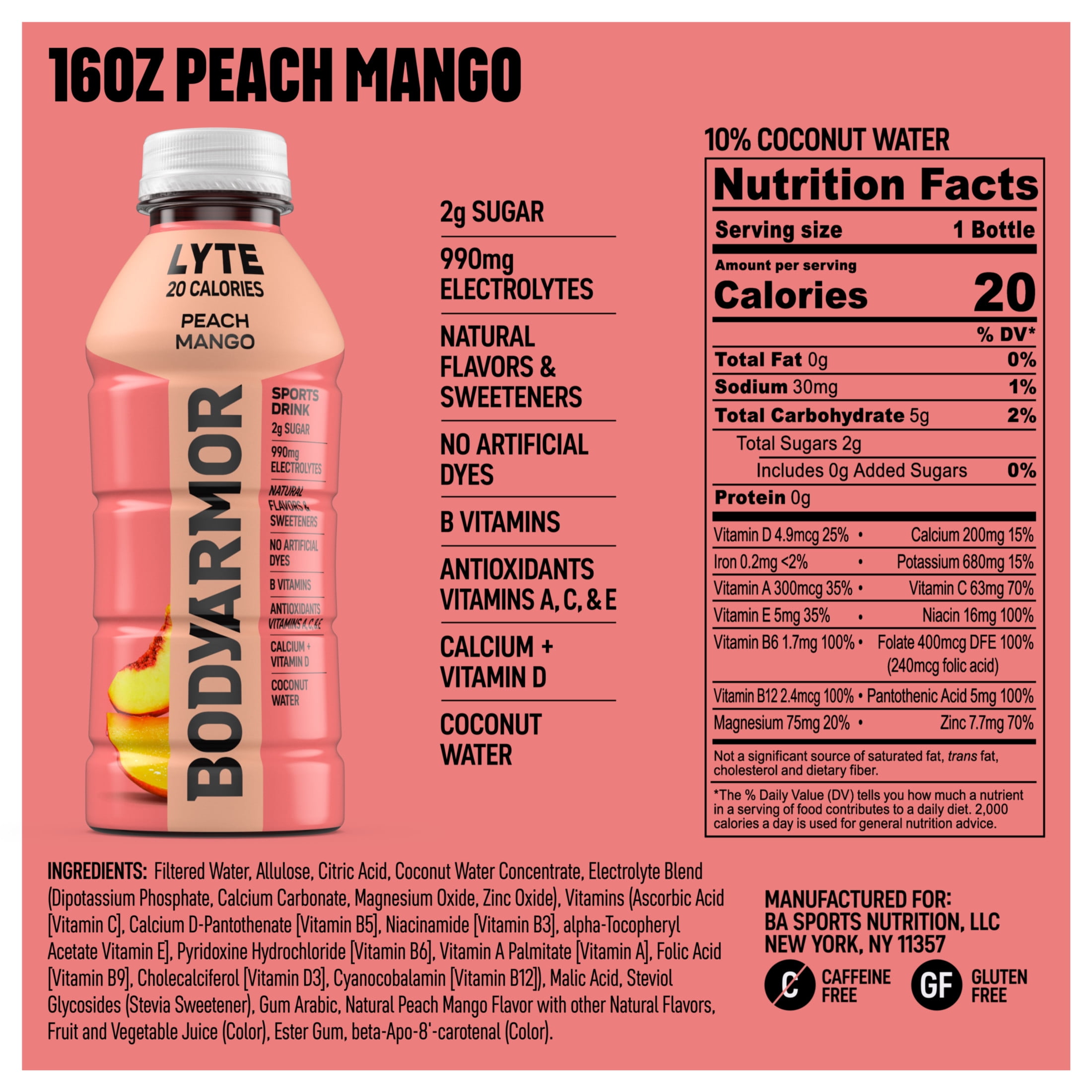 BODYARMOR Lyte Peach Mango Electrolyte Sports Drink Bottle, 16 fl oz
