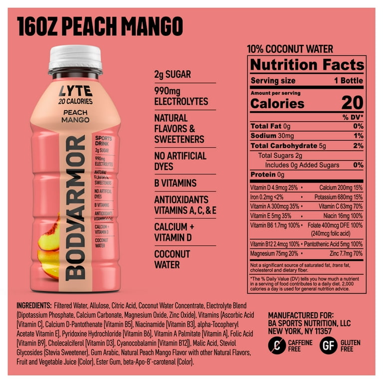BODYARMOR Lyte Peach Mango, 16 fl oz, 12 Pack photo 8