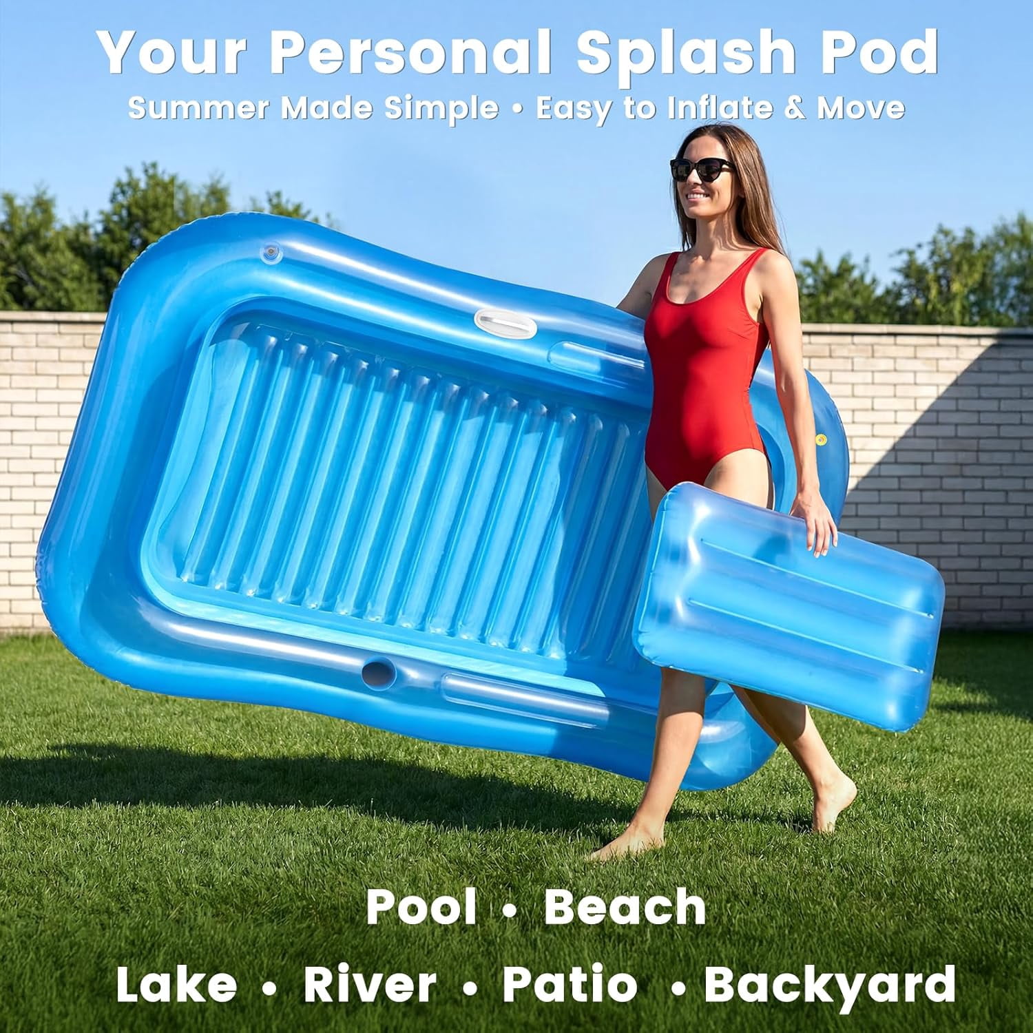 Inflatable Tanning Pool Lounger Float with Sprinkler, 77" x 48" Pool Floats Adult with Pillow, 6 in 1 Suntan Tub Raft Floatie with Drink Holder Sunbathing Water Lounge L