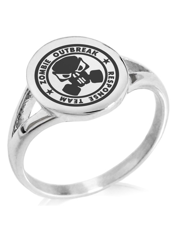 Stainless Steel Bio Zombie Outbreak Response Team Minimalist Oval Top Polished Statement Signet Ring
