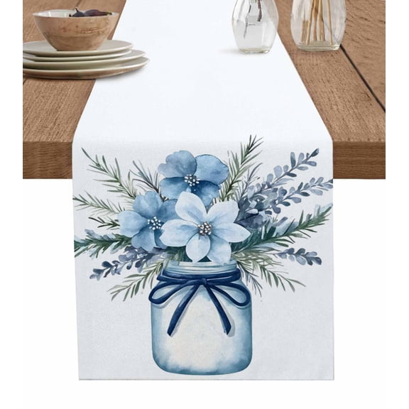 Blue Spring Floral Table Runner 90 Inches, Summer Flowers Vintage Bed Runner Dresser Scarves Tabletop for Indoor Outdoor Parties/Ceremony/Banquet, 13" x 90"