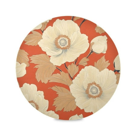 

WOBOGO White Flowers Orange Pattern Round Placemats Set of 1 Heat Resistant Washable Kitchen Table Decorations 15.4in