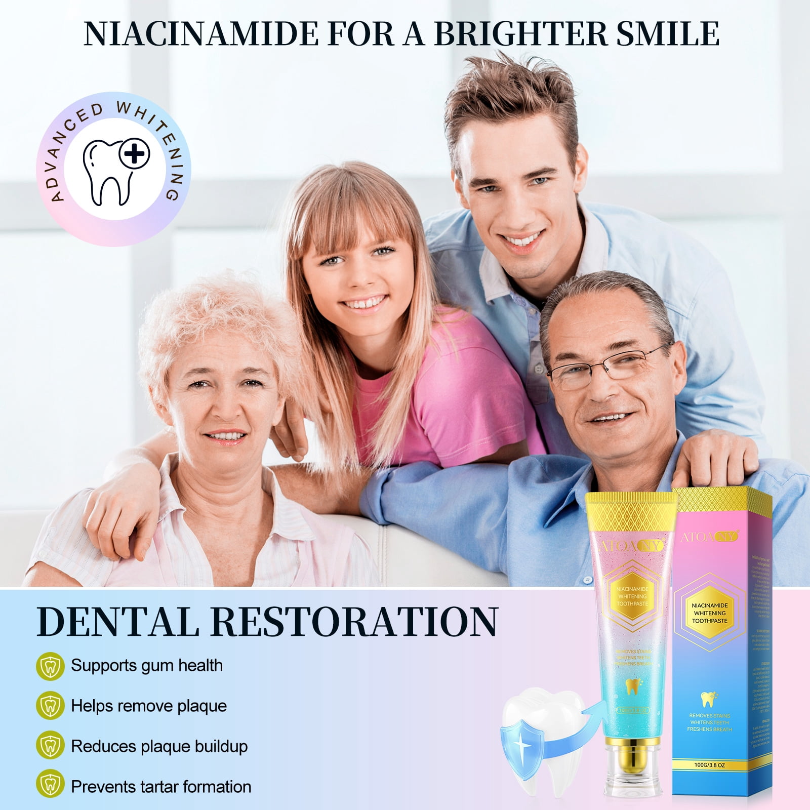 LusBeauty Whitening Toothpaste for Adults, Niacinamide Formula Removes Stains & Freshens Breath, Gentle on Enamel, 100g X 3Pack