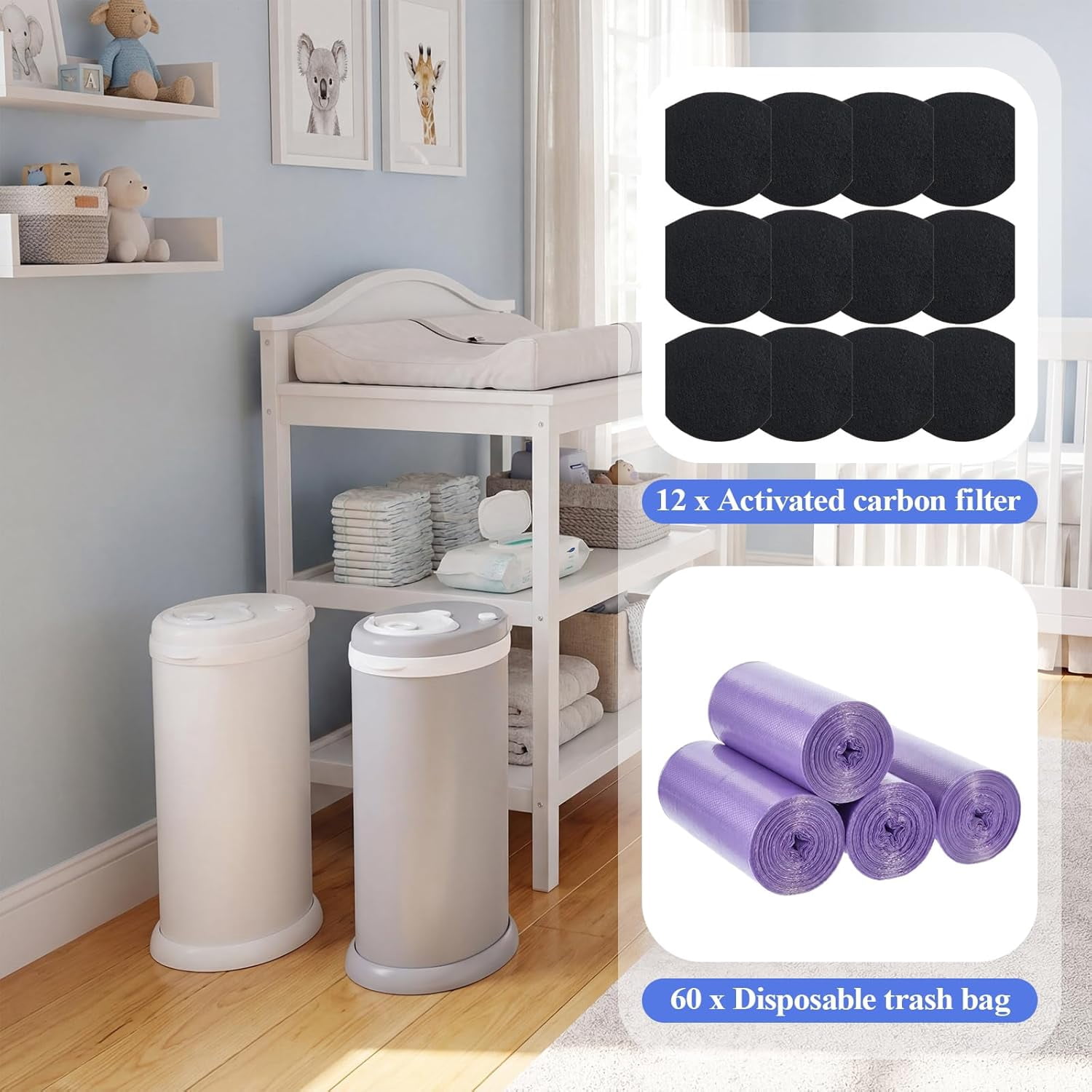 12 Pack Diaper Pail Deodorizer Refill Set Compatible with Ubbi Diaper Pail, 12 Activated Charcoal Filters and 60 Disposable Bags, Odor Absorbing Refills for Baby Nursery Odor Control