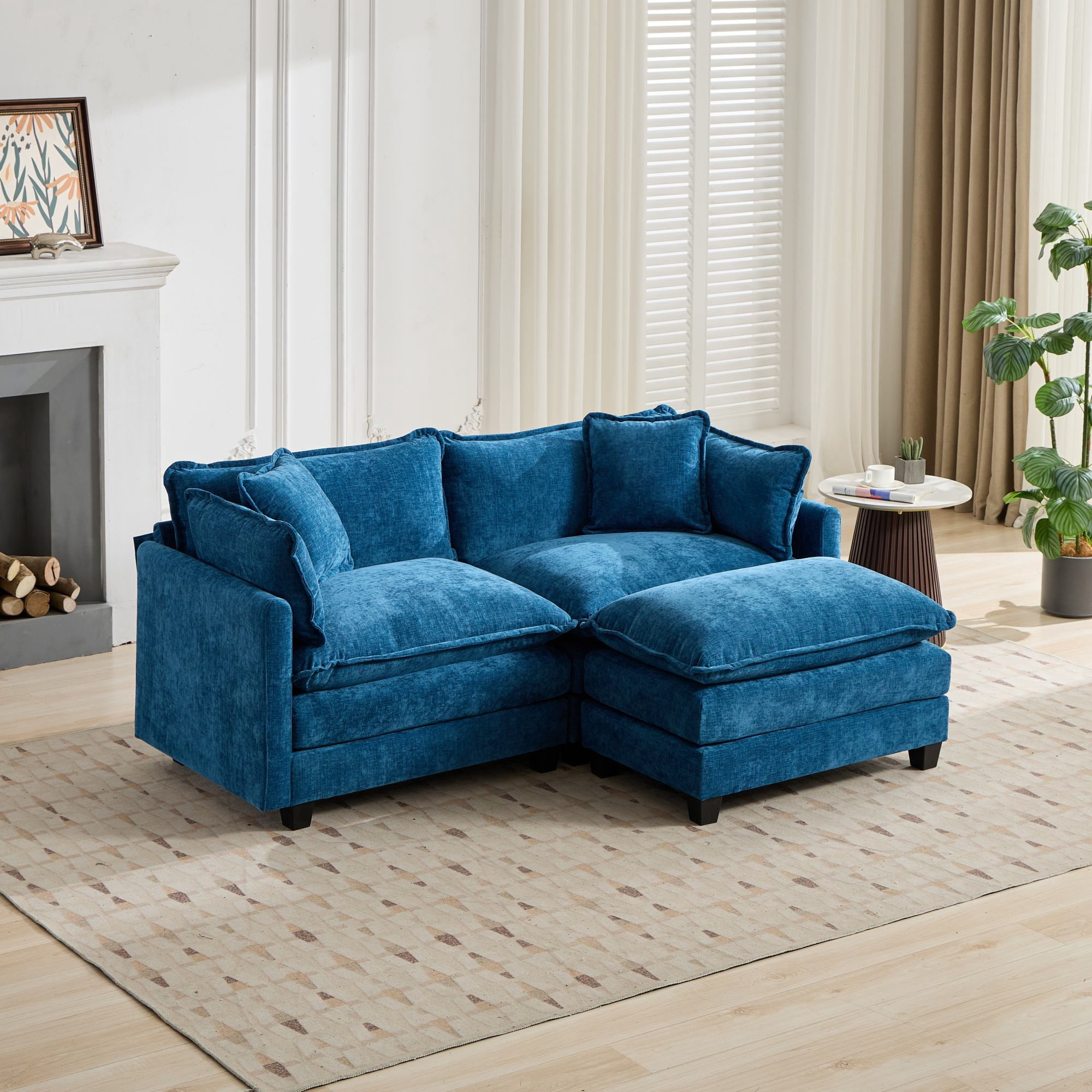 Cloud Sofa Ottoman Only, Modern Modular Sectional Ottoman, Breathable Chenille Fabric Upholstered Footrest with Double Layer Cushion, Accent Bench for Living Room Bedroom Apartment, Blue