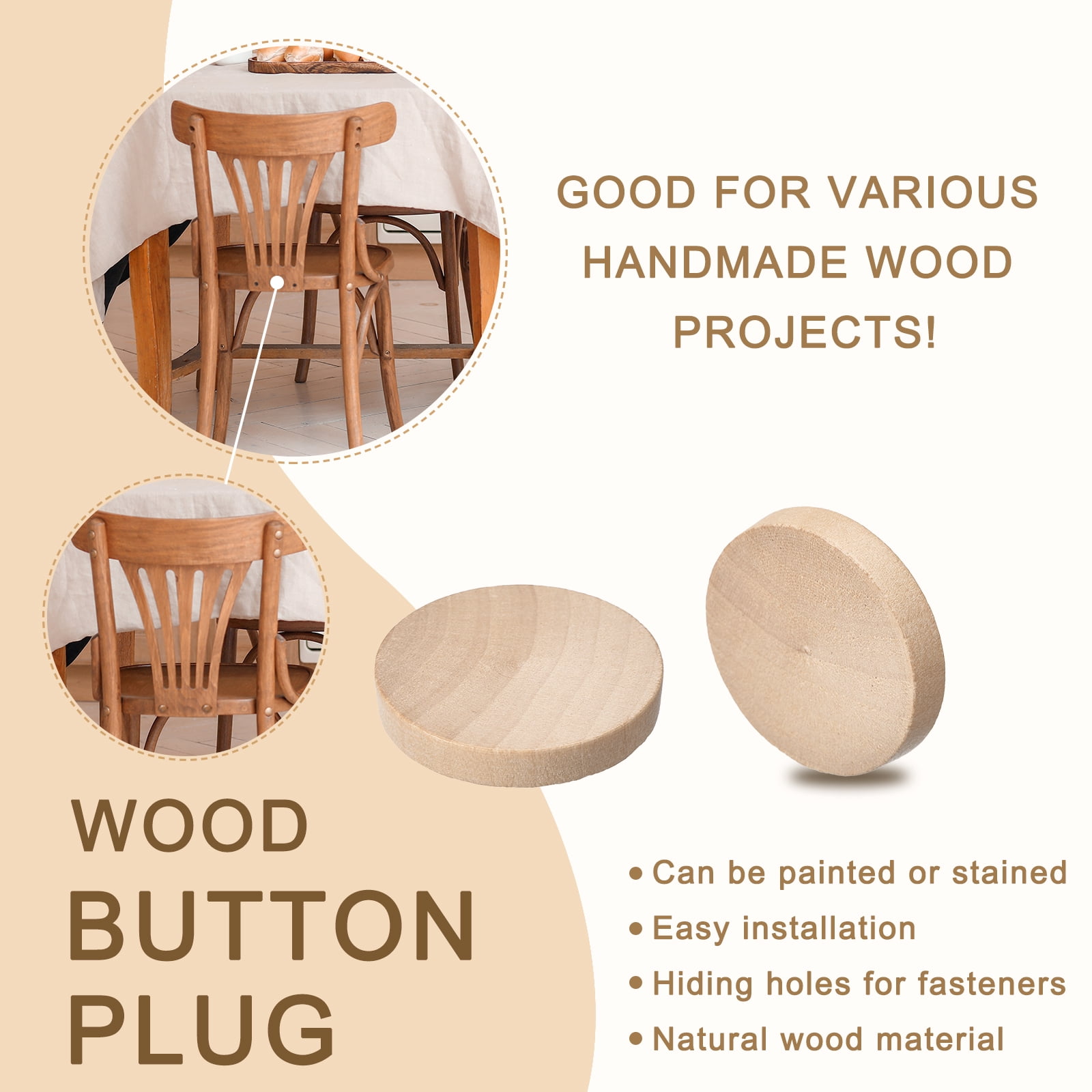 Uxcell 100Pack Flat Head Wood Plugs, 1-3/8 Inch Wooden Button Wood Plugs Screw Covers