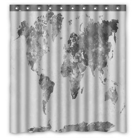 World Shower Curtain Fabric PHFZK Abstract Splatter Shower Curtain, World Map in Watercolor Painting Gray Polyester Fabric Bathroom Shower Curtain 66x72 inches ()