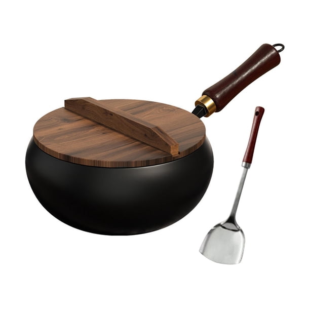 Sartén Wok de Hierro Diseño Profundo Utensilios de Cocina Multiusos Sin Revestimiento con Tapa de Madera para Cocinar , Guisar Carne y 26 centímetros