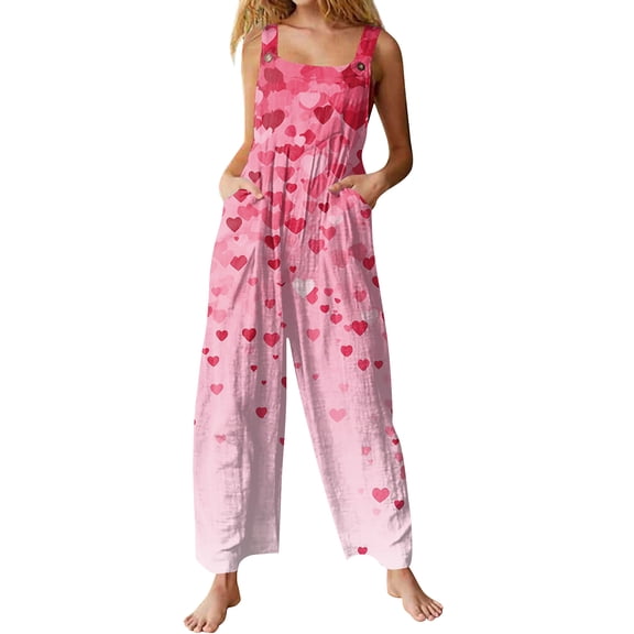 Kixjoy Overalls for Women Casual Plus Size Wide Leg Jumpsuit Valentine's Day Winter Loose Fit Pants Heart Print Fashion Outfits for Women with Pockets, Pink 3XL