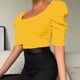 thumbnail image 3 of Mujeres Casual Puff manga Top Scoop cuello Slim Fitting acanalado Color puro camiseta Top amarillo L, 3 of 7