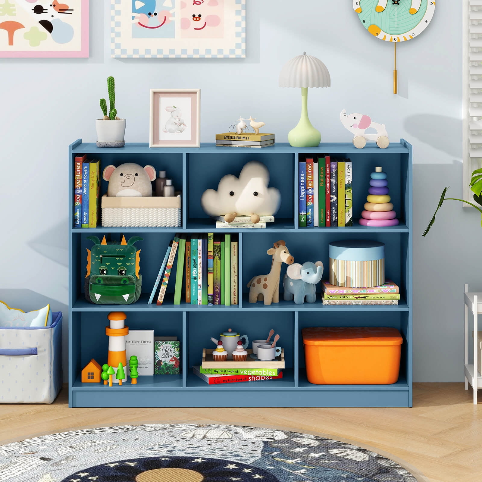 Costway 8 Cube 3-Tier Open Wooden Bookshelf Toy Storage Organizer with Anti-toppling Kits Blue