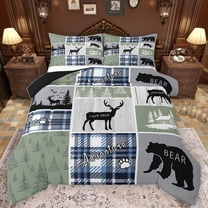 Homewish Wild Bear Deer Queen Comforter Set,Woodland Animal Outdoor Anverture Bedding Sets,Green White Blue Bedding Comforter Set For Teens,Super Cozy Room Decor Reversible,3 Pieces