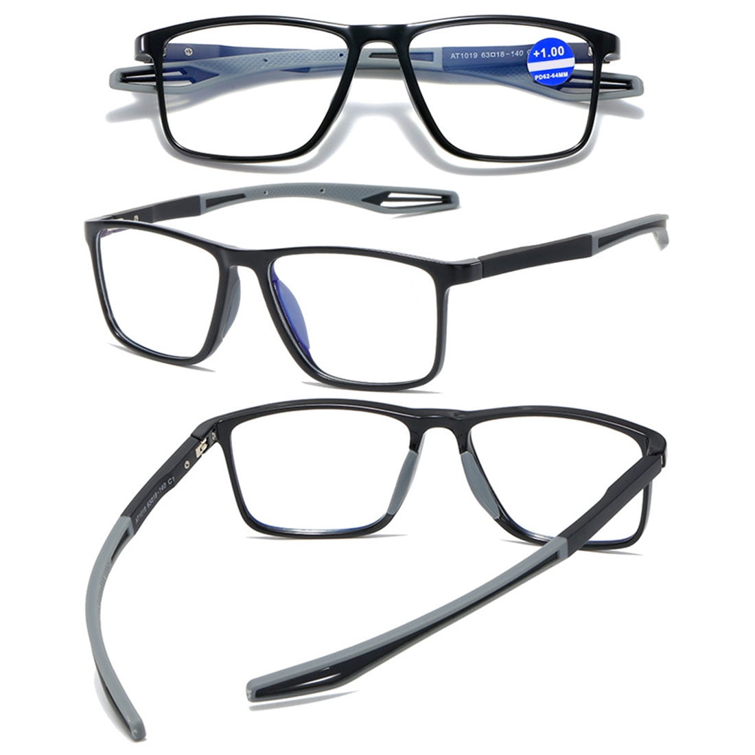 KOOSUFA Mens Blue Light Blocking Reading Glasses +3.00 Sports Spring Hinges Rectangular Lightweight TR90 Computer Readers Eyewear Eyeglasses Black grey