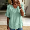 thumbnail image 2 of Womens Cotton Linen Tops,short Sleeve V Neck Relaxed Fit Clothes Summer Basic Blouse 2026 Summer Spring Casual Shirt Loose V Neck Blouse Fashion Clothing Outfits,Green,S, 2 of 9