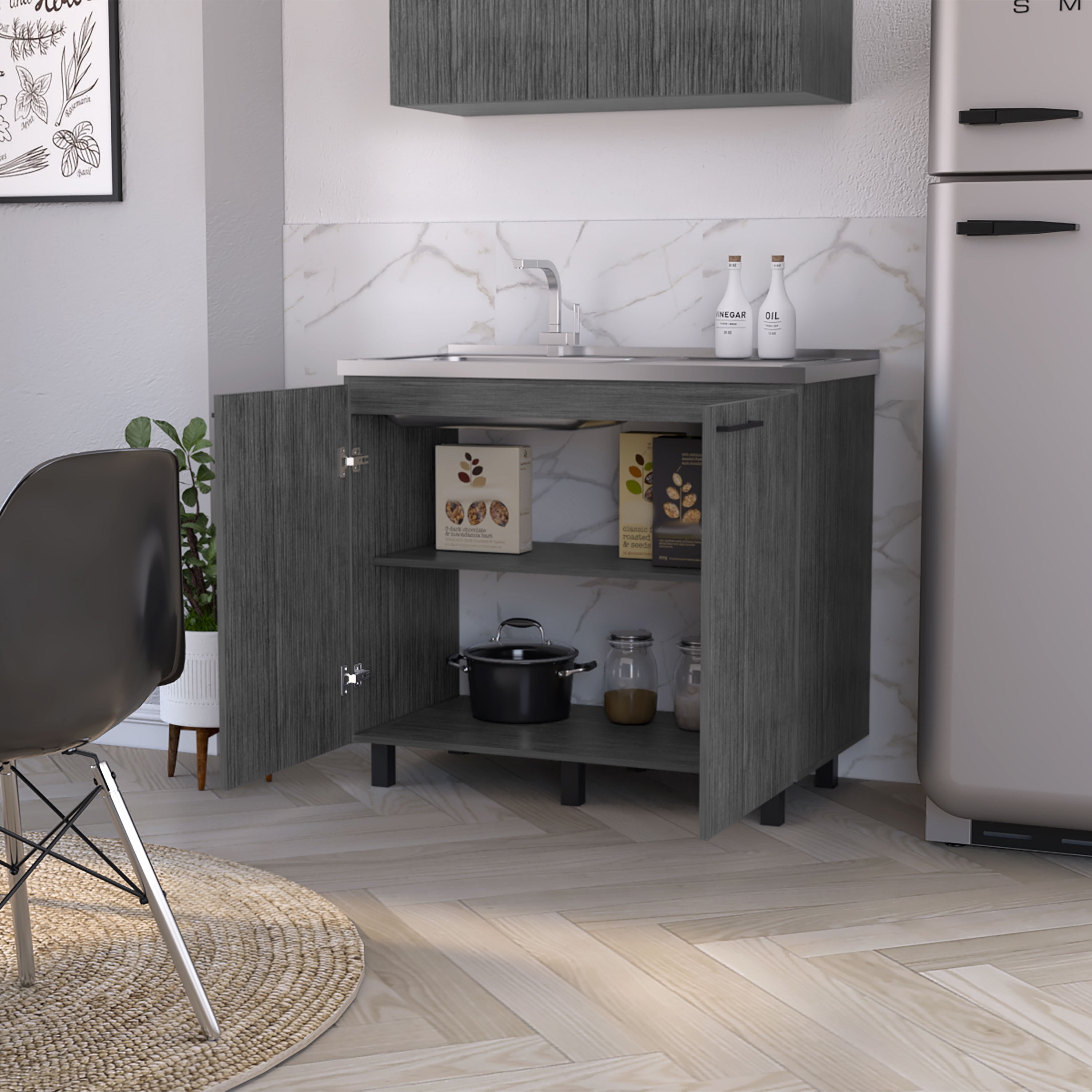 Izzovium FM FURNITURE Oklahoma 2 Utility Sink & Cabinet with Stainless Steel Countertop, Smokey Oak Finish, 20.67"L x 39.37"W x 35.04"H, Gray