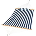 thumbnail image 1 of Prime Garden Double Quilted Fabric Hammock with Pillow, Hardwood Spreader Bars, Heavy Duty 450-Pound Weight Capacity, Perfect for Outdoor Patio Yard Beach, Navy Blue Stripe, 1 of 7
