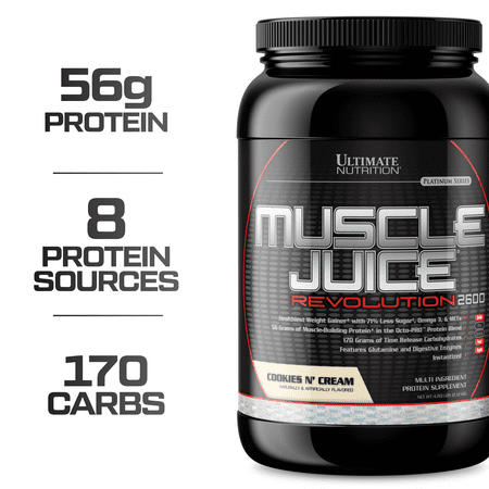 Muscle Juice Revolution - Ultimate Nutrition Muscle Juice Revolution Muscle Gainer Protein Powder with Egg Protein, and Micellar Casein, Cookies N Cream, 4.69 Pounds