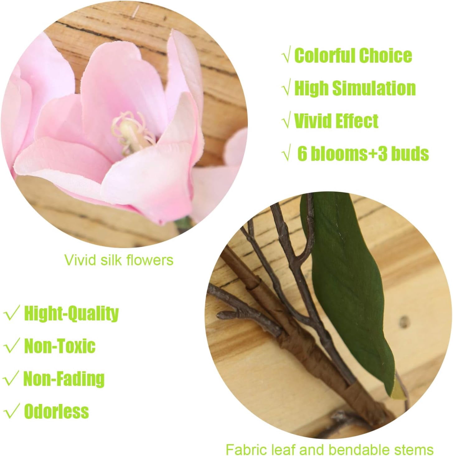 Artificial Flower 6pcs 30'' Long Stem Silk Magnolia Flower with 7 Blossoms and 2 Buds for Home Décor Housewarming Gift Wedding Bridal Bouquet Centerpiece Reception Hotel Restaurant(White)