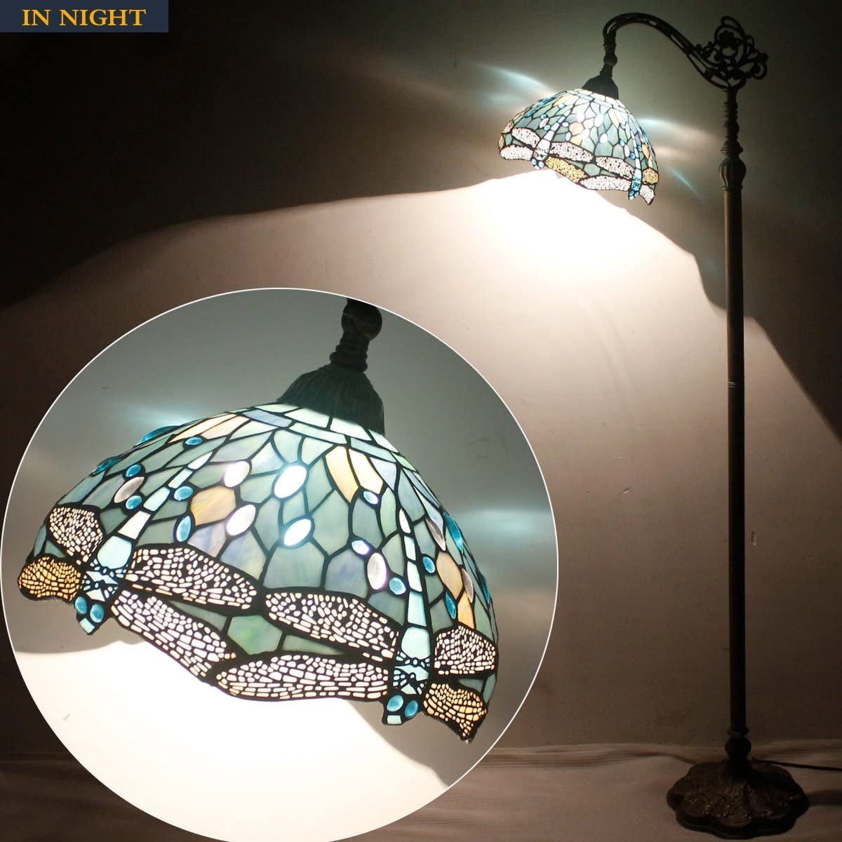 WERFACTORY 64" Victorian Bronze Antique Floor Lamp with Stained Glass Multicolor Dragonfly Bowl