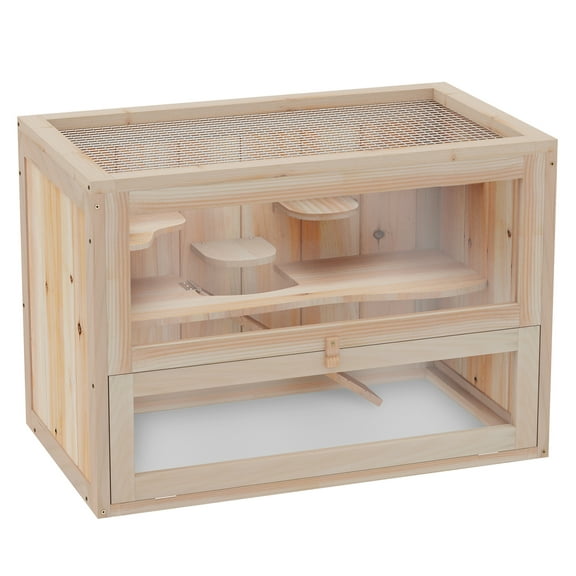 Hamster Cage 2-Level, Small Animal House for Mice, Guinea Pigs & Chinchillas - Wooden Indoor Habitat with Open Top, Ramp & Ladder Natural   Wood