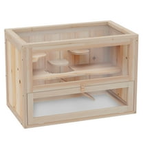 Hamster Cage 2-Level, Small Animal House for Mice, Guinea Pigs & Chinchillas - Wooden Indoor Habitat with Open Top, Ramp & Ladder Natural Wood