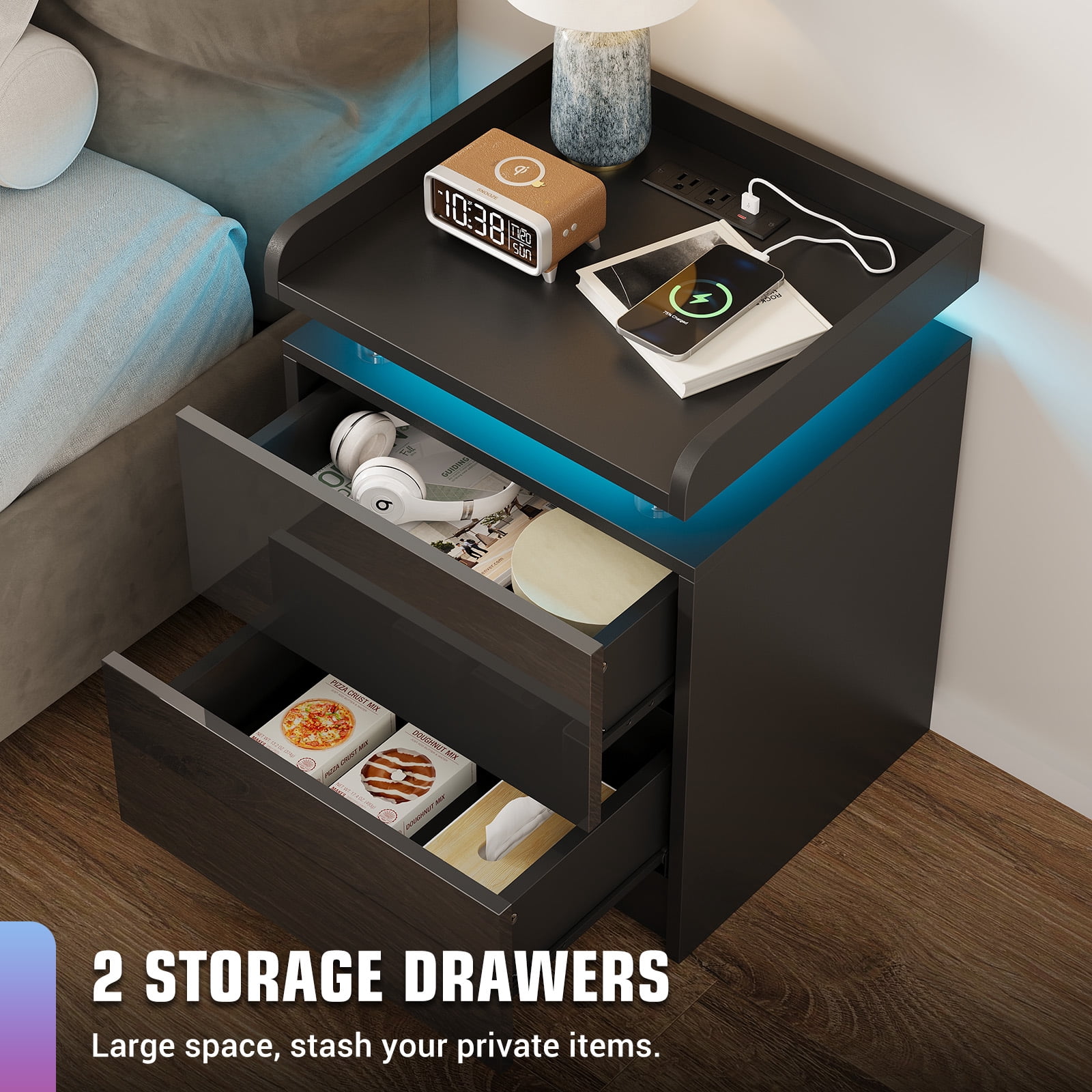 BaPiPro LED 18" Nightstand Set of 2, Modern LED End Table with 2 Drawers, Bedside Table with Lighting for Bedroom, Living Room, Black