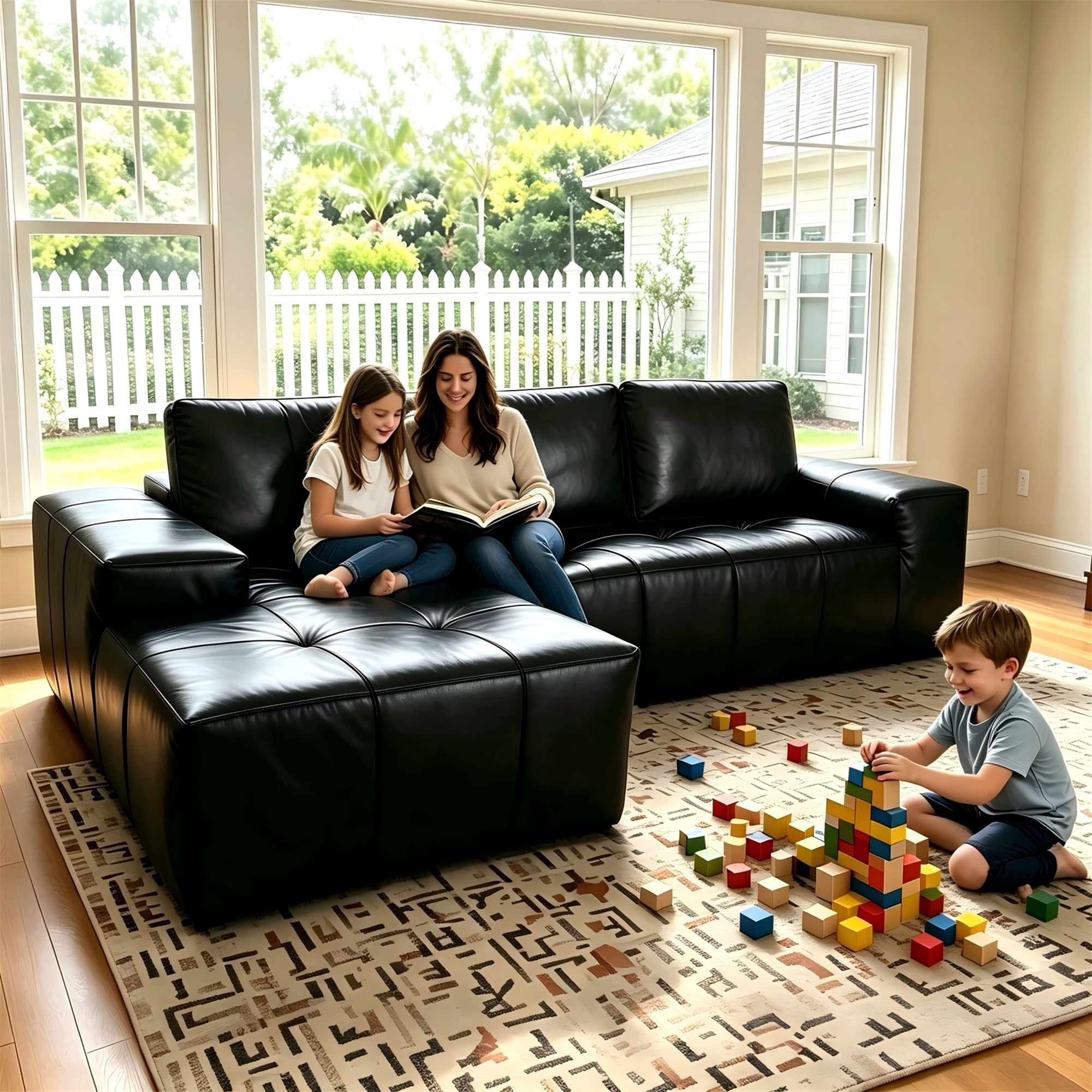 Aukfa 115" Leather Cloud Sectional Sofa Oversized Boneless Couch Modular L-Shaped Sofa for Living Room, Left Chaise, Black
