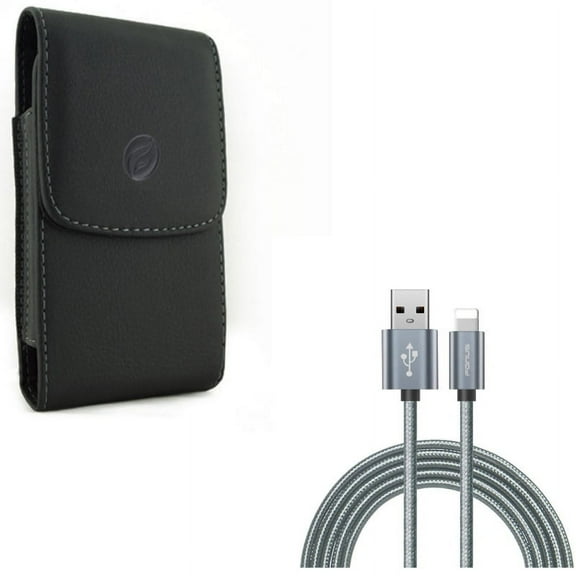 Charger Cord 6ft USB Cable w Leather Case Belt Clip for iPhone XS Max/8 PLUS/7 Plus/6S Plus/6 Plus - Power Wire Braided Long Sync and Holster Cover Pouch Vertical Carry