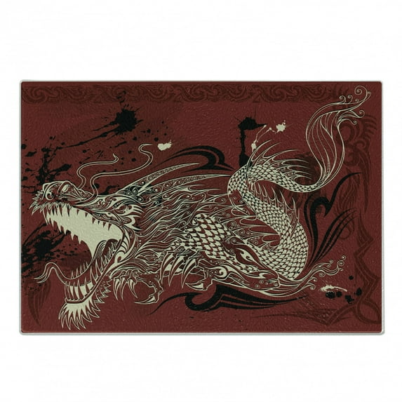 Dragon Cutting Board, Angry Dragon Doodle on Grunge Background Japanese Eastern Ethereal Pattern Print, Decorative Tempered Glass Cutting and Serving Board, Small Size, Ivory and Ruby, by Ambesonne