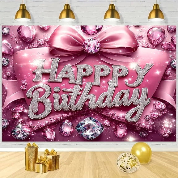 Pink Bow Birthday Backdrop Sparkling Crystal Diamond Happy Birthday Photography Background Silver Glitter Birthday Party Decorations Banner Supplies Photo Booth Props