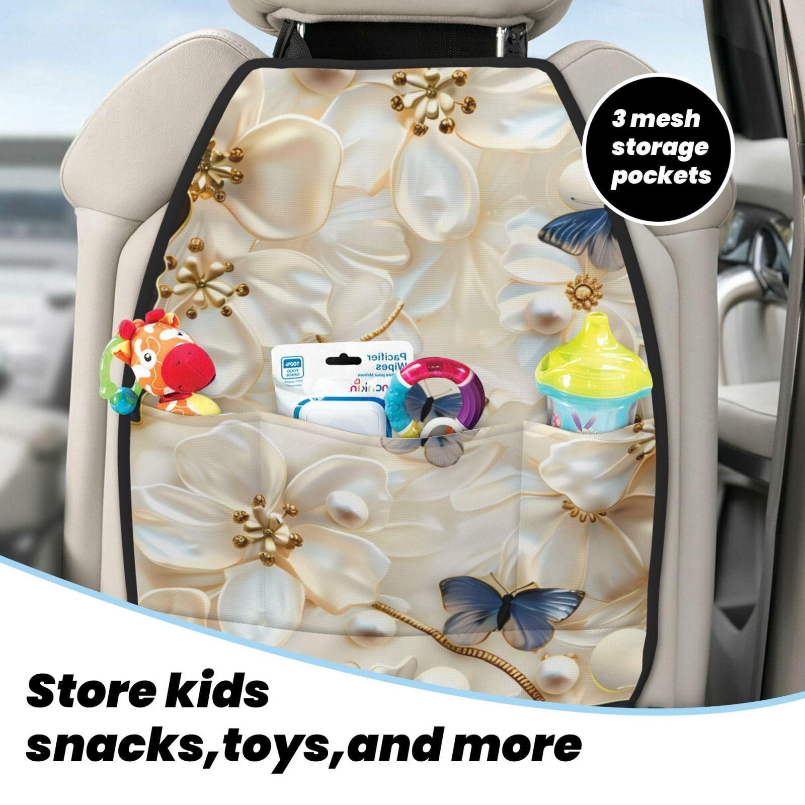 Kdxio Elegant Butterflies And Pearls Print 2 Pack Car Kick Mat Seat Cover Back Protector Mat with Pockets for Organizer Backseat Protector and Storage Anti Kick Pad for Vehicles