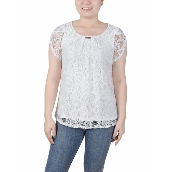NY Collection Women's Lace Petal Sleeve Top