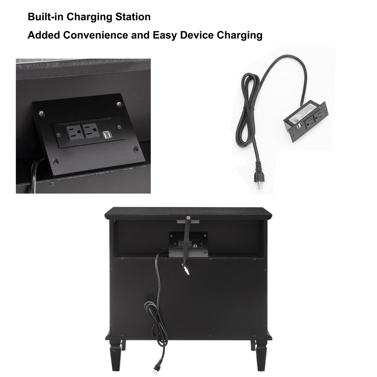 Nightstand with Charging Station, Farmhouse End Table with 2 Drawers and Open Shelf, USB Ports & Outlets, Fluted Design Bedside Table with Solid Wood Legs, Black