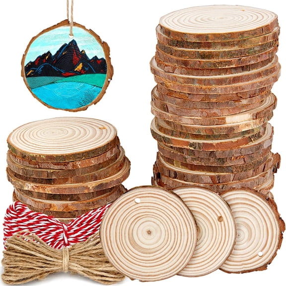100 Pieces 2.4"-2.8" Natural Wooden Slices, Unfinished Wood Circles with Holes Tree Bark Round Log Discs DIY Crafts Hanging Ornaments (2.4"-2.8" 100Pcs, Natural)