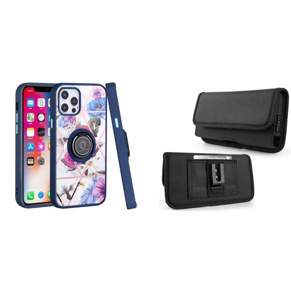 Bemz Ring Series Case for iPhone 14 (TPU Silicone Cover with Magnetic Stand) and Horizontal Rugged Nylon Belt Holster Pouch - Blue Purple Flowers