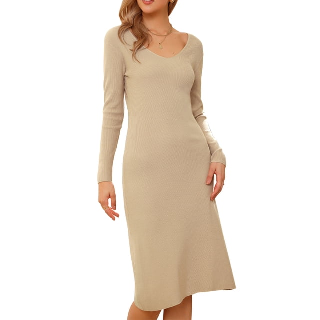 Vestido de suéter INSPIRE CHIC para mujer, vestido midi de punto acanalado de manga larga con escote en V, XL, beige