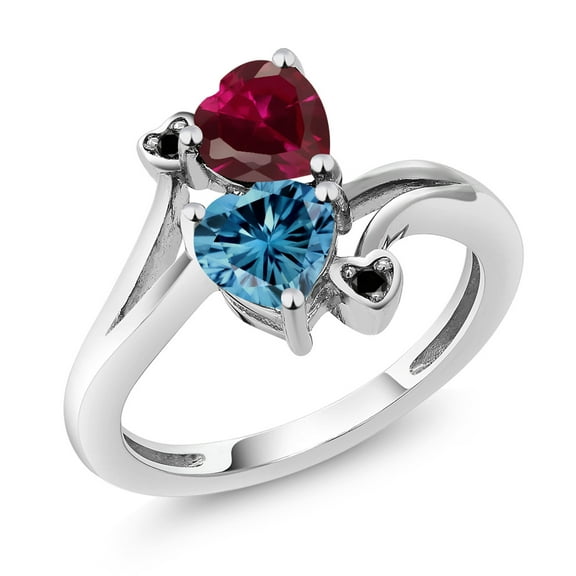 Gem Stone King 10K White Gold Diamond Accent Ring Heart Shape Red Created Ruby and Vivid Persian Blue Moissanite (1.80 Cttw, Size 7)