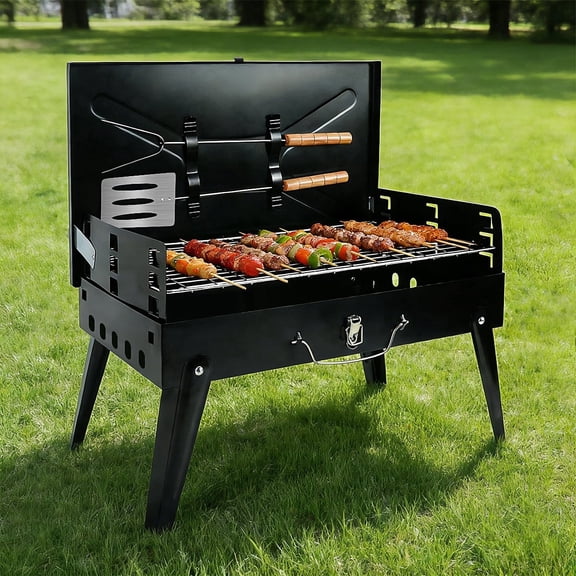 Jiasling Charcoal Grill Kit & Utensil Set, Foldable Camping Gril Black