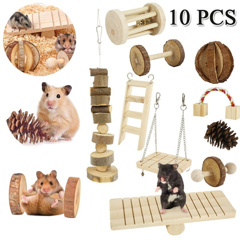 10Pack Natural Wooden Pine Guinea Pigs Rats Chinchillas Toys Accessories Dumbells Exercise Bell Roller Teeth Care Molar Toy for Bunny Rabbits Gerbils SONYANG Hamster Chew Toys