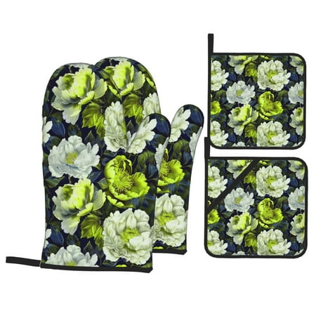

Oven Mitts and Pot Holders Sets 4 pcs Teal floral elegance Non-Slip Oven Gloves Potholders Soft Quilted Lining Heat Resistant Gloves Hot Pads for Kitchen Cooking Baking