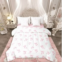 Castle Fairy Pink Bow 7-Piece Bedding Comforter Set,Cartoon Bowknot King Bedding Sets,Dreamy Princess Ultra Soft Bed Sheets,Ultra Soft Kawaii Room Decoration