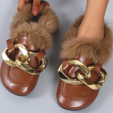 

HP95 Retro Women Vintage Casual Large Metal Locking Hook Loop Enviros Fleece Low Heels Slingback Fall Winter Round Toe Shoes