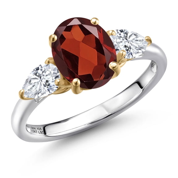Gem Stone King 925 Silver and 10K Yellow Gold Red Garnet and F - G Lab Grown Diamond Engagement Ring for Women | 2.83 Cttw | Oval 9X7MM | Gemstone January Birthstone | Size 6