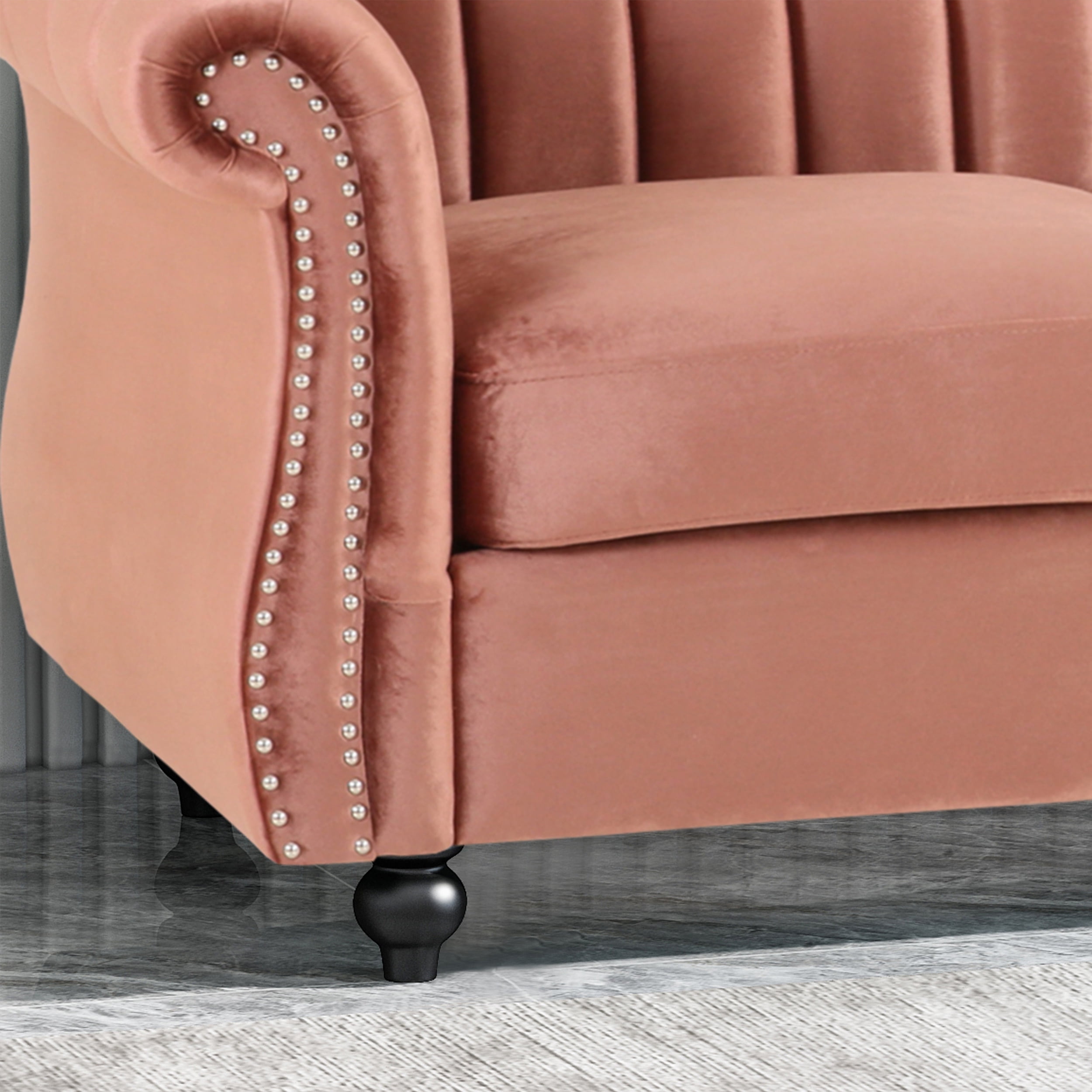 Noble House Kimmy Modern Tufted Velvet Sofa, Blush, Dark Brown