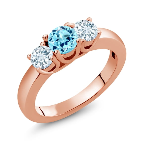 Gem Stone King 1.00 Ct Round Blue Apatite Sky Blue Aquamarine 18K Rose Gold Plated Silver Classic 3-Stone Ring for Women (Size 7)