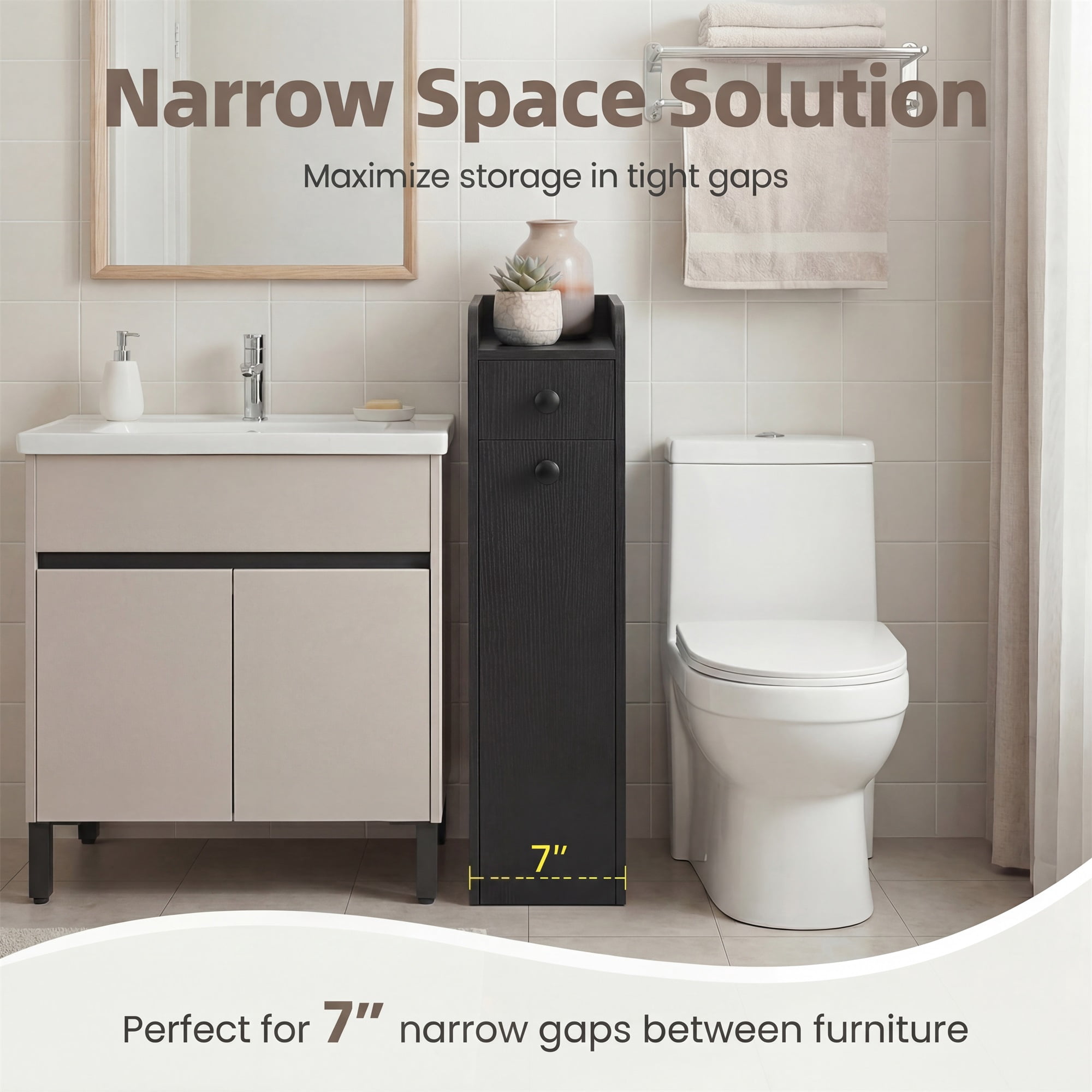 ELLEGNT Bathroom Storage Cabinet on Rolling Wheels – Slim Design, Slide-Out Drawer, Spacious Top, Black