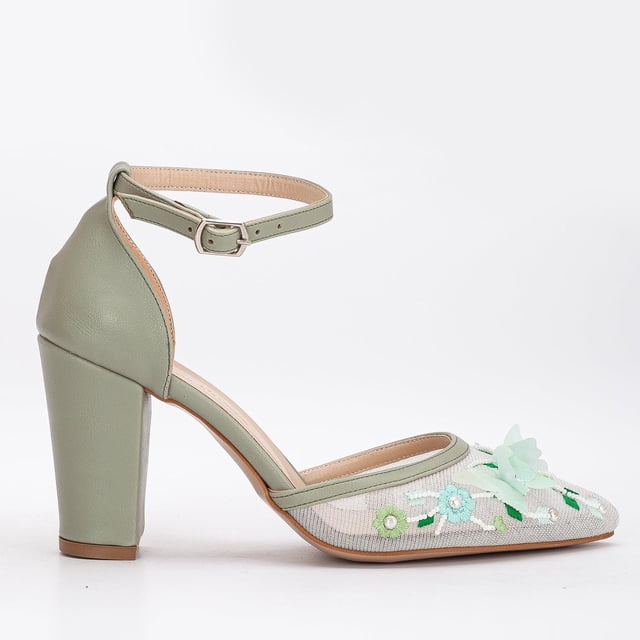 Ivy - Zapatos de boda con encaje floral 3D verde salvia verde 26 CM