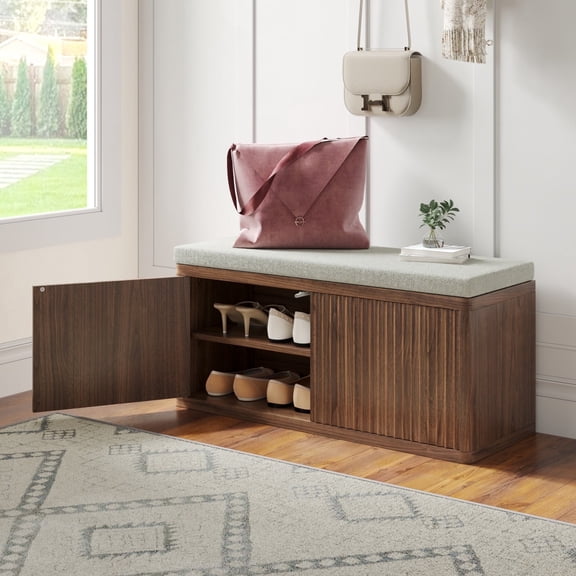 Shoe Storage Bench, Fluted Ottoman Bench with Hidden Storage Space, Wood Bench End of Bed with Doors and Shelves, Suitable for Living Room, Bedroom, Hallway, Entryway