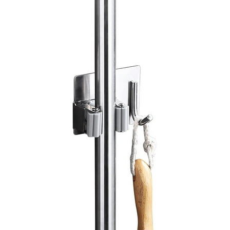 Mop Broom Holder with Hooks,1Pcs Stainless Steel Self Adhesive Broom Holder Garden Tool Storage Rack Brush Hook Wall Mounted Umbrella Holder Sweeping for Kitchen, Bathroom, Closet, Garden, Garage