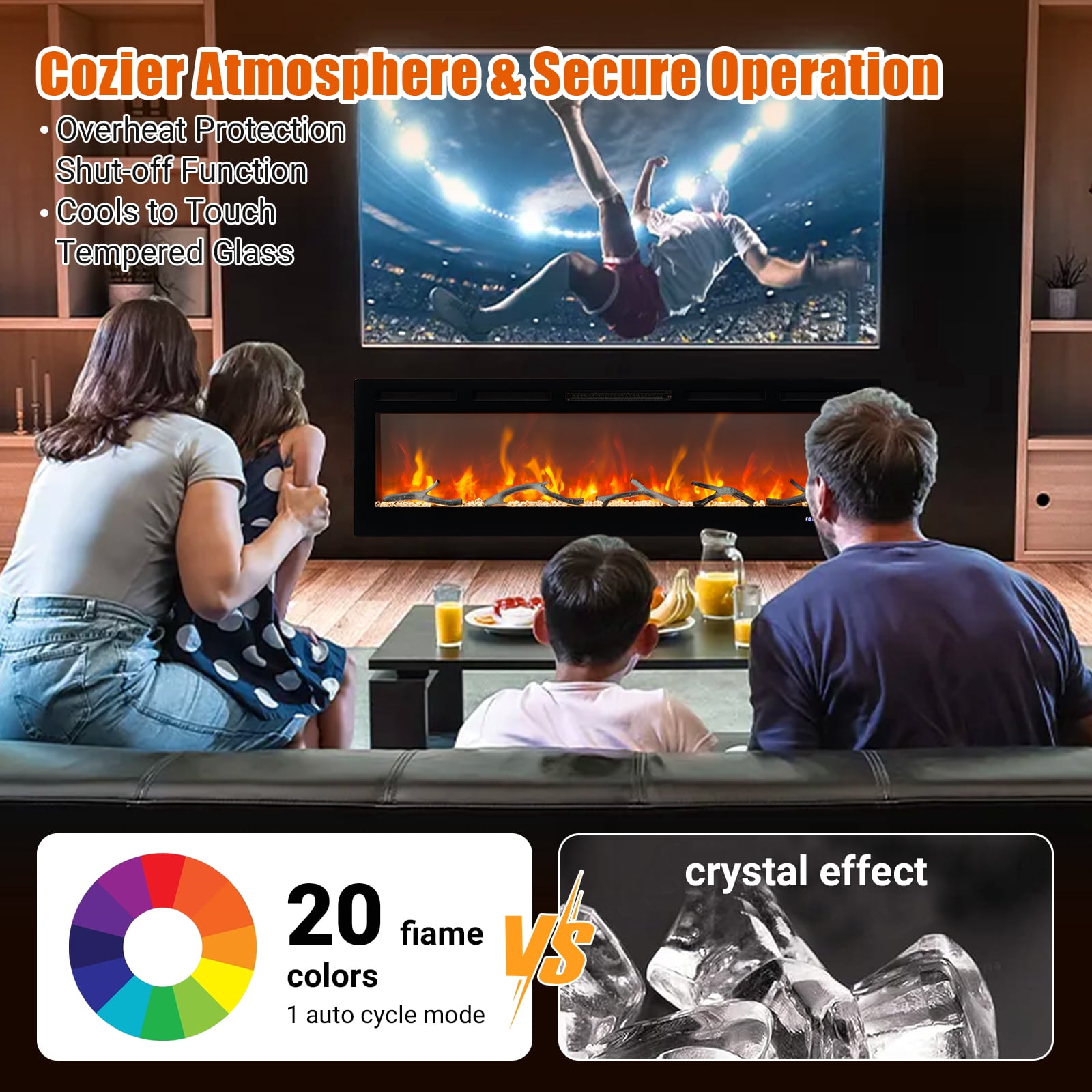 Yesurprise 70" In-Wall Electric Fireplace with Remote, Thermostat, Dual Heating & Timer, Featuring 12 Color Flames with Log & Crystal Decor